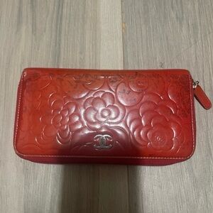 Chanel Red Leather Wallet with Floral Embossing